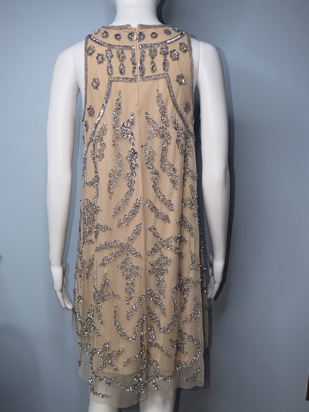 Embellished Taupe Sleeveless Shift Dress - Picture 9 of 13